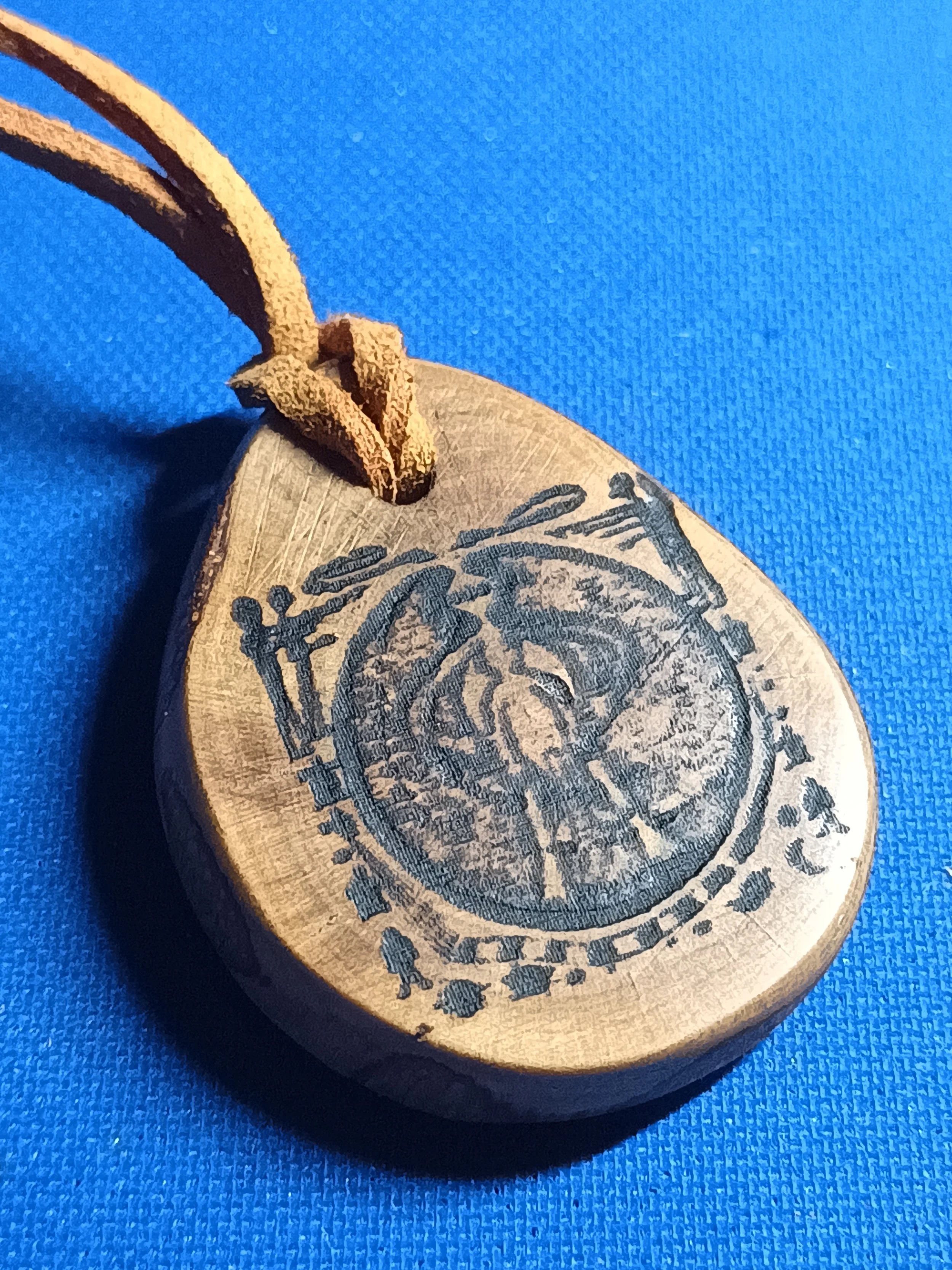Ancient Alien Cave Art Necklace Handmade Wood Pendant